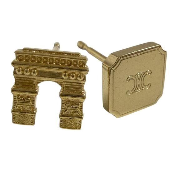 Celine Women's Asymmetrical Stud Earrings, Triomphe, Aftermarket Backs - Picture 3 of 10